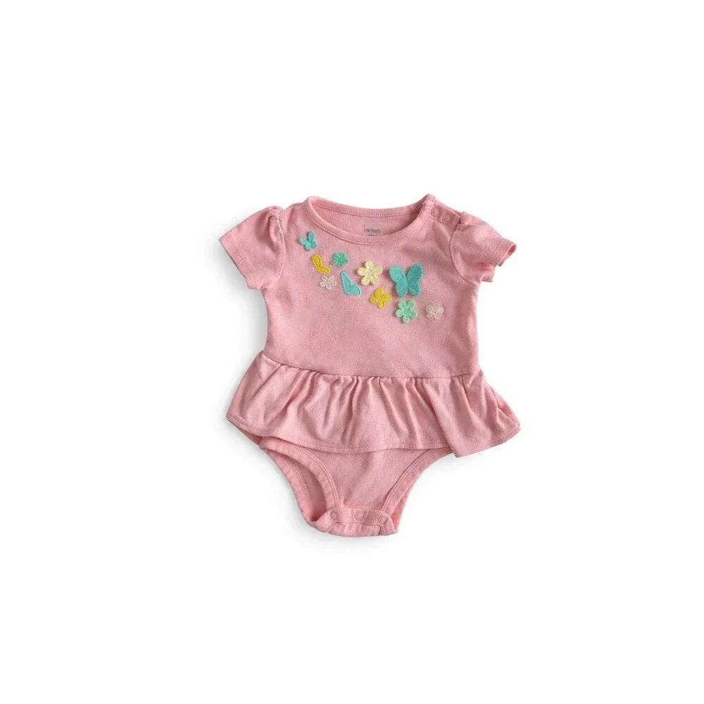 Carter’s Baby Girl 9M Pink Bodysuit Dress | Floral Butterfly Embroidery | Spring